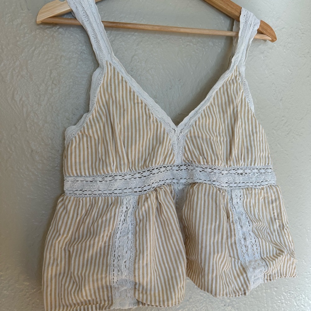 American Eagle Outfitters Tan Striped Lace Babydoll Tank Top
